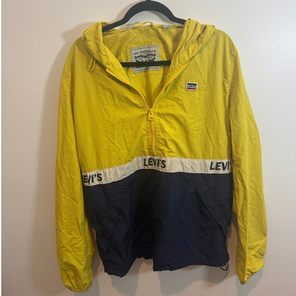 Vintage Levis Colorblock Windbreaker Jacket Yellow Navy Blue Half Zip Hooded M